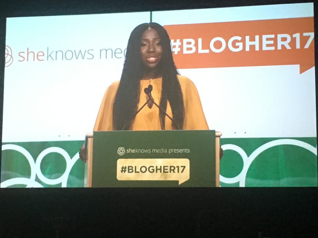 Esosa Adeghboro, CoSIgn app creator presenting at the BlogHer17 Pitch Competition